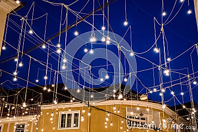 Ornamental lights, evening time, blue hour. Stock Photo