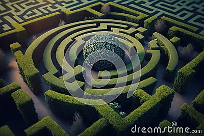 Ornamental maze, labyrinth hedge nature, gardening. Hedge formed into traditional maze. Generative AI Stock Photo