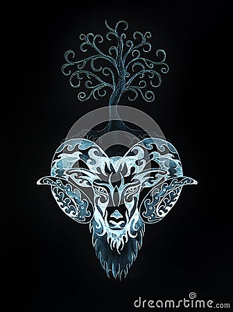 Ornamental painting of Aries, sacred animal symbol and tree of life. Stock Photo