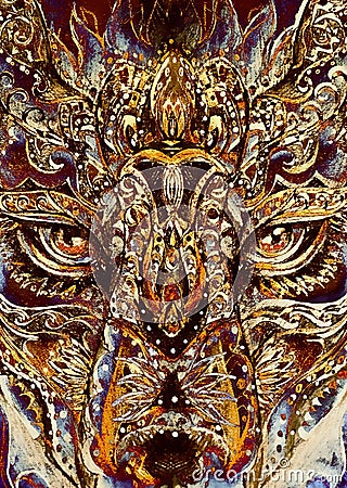 Ornamental painting of wolf, sacred animal, eye contct Stock Photo