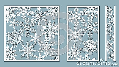 Ornamental panels with snowflake pattern. Laser cut decorative lace borders patterns. Set of bookmarks templates. Image suitable Vector Illustration