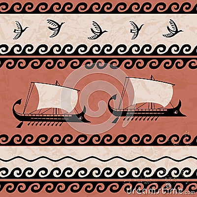 Ornamental pattern with birds and ships ancient Greek style Vector Illustration