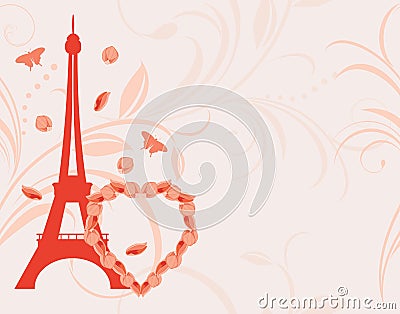 Ornamental pink background with floral heart and Eiffel tower Vector Illustration