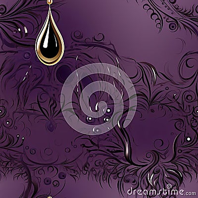 Ornamental purple and gold swirly background with fine feather details (tiled) Stock Photo