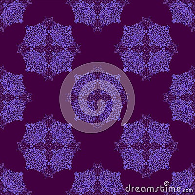 Ornamental repeating pattern desig. Round mandalas of radial stains. Blue violet purple Stock Photo