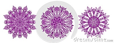 Ornamental round floral hand drawn pattern. Set of three purple mozaic mandalas, kaleidoscope, for coloring, antistress Stock Photo