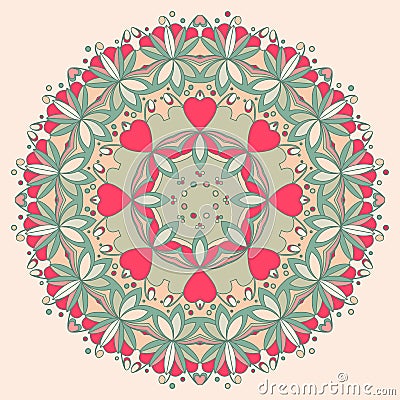 Ornamental round flower pattern with hearts Vector Illustration