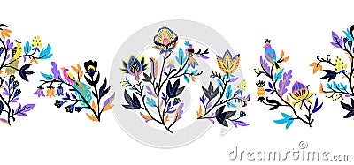 Ornamental seamless border with stylized ornate floral elements and fantasy birds. Vector illustration Vector Illustration