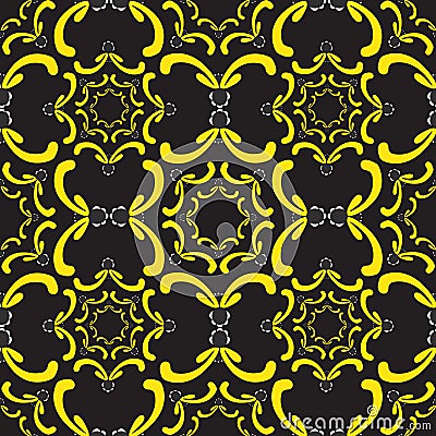 Ornamental seamless pattern. Yellow curve elements on the black Vector Illustration