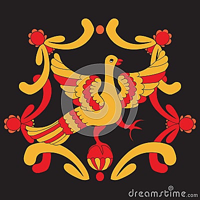 Ornamental vector illustration of mythological bird. Yellow and red fairy bird. Vector Illustration