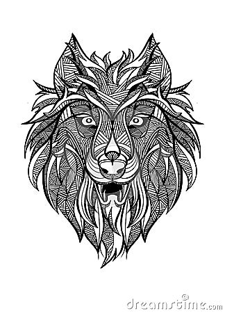 Ornamental vintage wolf predator, black and white tattoo, decorative retro style. Isolated vector Vector Illustration