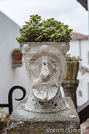 Ornamental White Flowerpot Man`s Face Shaped with Beard Stock Photo