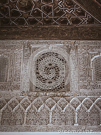 Ornamental wood and stone carvings in the interior of the Real Alcazar de Seville Editorial Stock Photo