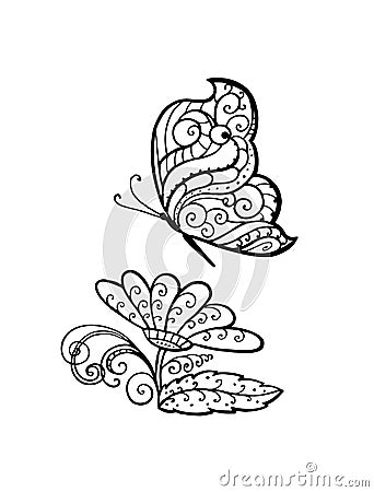 Ornamented abstract butterfly and flower Cartoon Illustration