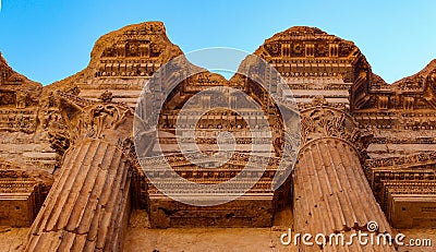 Ornamented with carving column capitel in the Temple of Bacchus, Baalbek, Lebanon Stock Photo