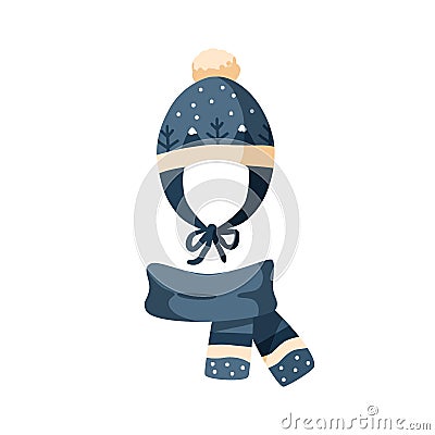 Ornamented knitted childish earflap hat and scarf. Winter chullo with pompom for children. Flat vector cartoon Vector Illustration