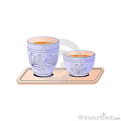 Ornamented pottery cups of green tea. Asian herbal drink in ceramic mugs. Teacups of oolong, puer on tray. Traditional Vector Illustration