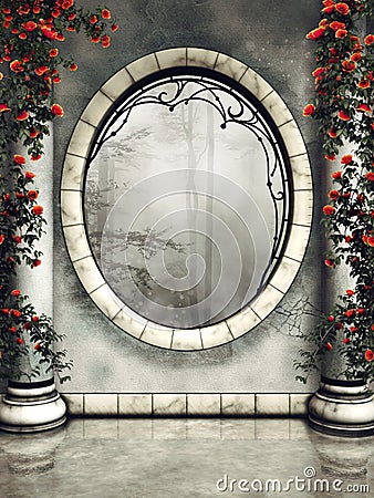 Ornamented window and columns Stock Photo