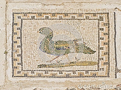 Ornate ancient roman floor tiles depicting a bird, detail of Ruins of Italica, Roman city in the province of Hispania Baetica Stock Photo
