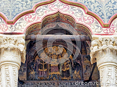 Ornate Arch and Colourful Icon, Stavropoleos Monastery, Bucharest, Romania Editorial Stock Photo