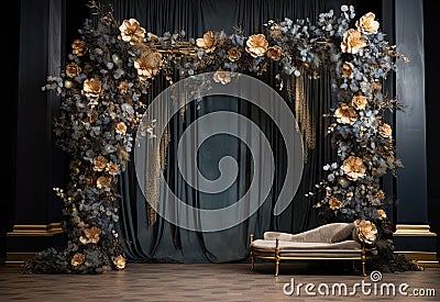 Arch decorated with golden flowers, feathers and gold ribbons Stock Photo