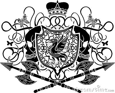 Ornate arms with axe, skull and butterfly Vector Illustration