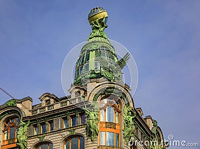 Ornate art deco facade of Zinger Singer company historic building or House of Books on Nevsky Prospect in Saint Petersburg, Russia Editorial Stock Photo