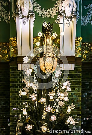 Ornate art deco light fixture at the famous grocery store Eliseevsky on Nevsky Prospect in Saint Petersburg, Russia Editorial Stock Photo