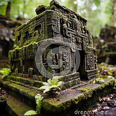 Ornate Aztec temple atop hill overlooking green valley Stock Photo