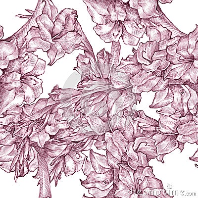 Botanical floral flower pencil drawing sketch seamless ornate pattern pink texture on white background for invitations Cartoon Illustration