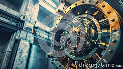 Ornate bank safe door secures the vault, safeguarding money and precious metals, Ai Generated Stock Photo