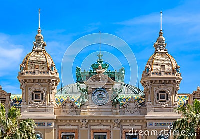 Ornate beaux arts style details of the famous Grand Casino or Monte Carlo Casino in Monaco on Place du Casino Editorial Stock Photo