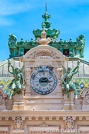 Ornate beaux arts style details of the famous Grand Casino or Monte Carlo Casino in Monaco on Place du Casino Stock Photo