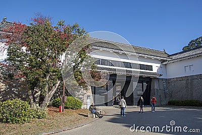 The ornate black and white Otemon entrance gate of Osaka Castle Editorial Stock Photo