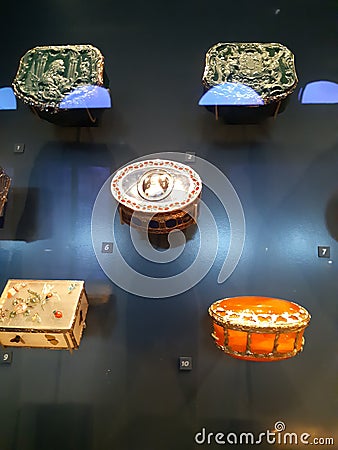 Ornate boxes in museum. Snuff and jewellery and snuff boxes Editorial Stock Photo