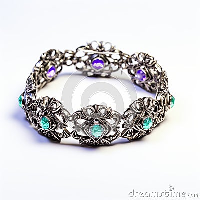 Viscountess Inspired Ornate Bracelet With Green Stones And Silver Metal Stock Photo