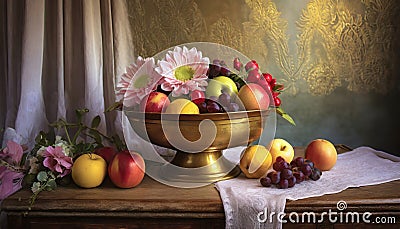 Ornate brass bowl containing fruit and flowers in vintage setting Stock Photo