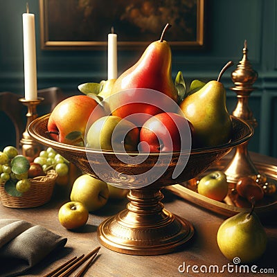 Ornate brass bowl containing fruit in vintage setting Stock Photo