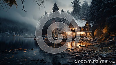 Whistlerian Waterscape: 8K Cabin by the Lake in Snow's Embrace Stock Photo