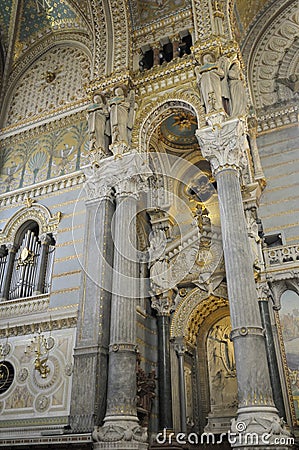 Ornate columns, Basilica Notre-Dame de Fourviere, Lyon Editorial Stock Photo
