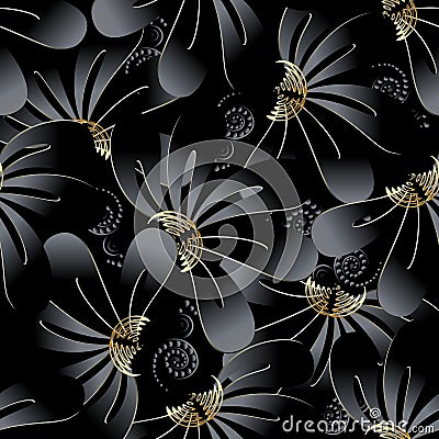 Ornate dark black floral 3d seamless pattern. Vector Illustration