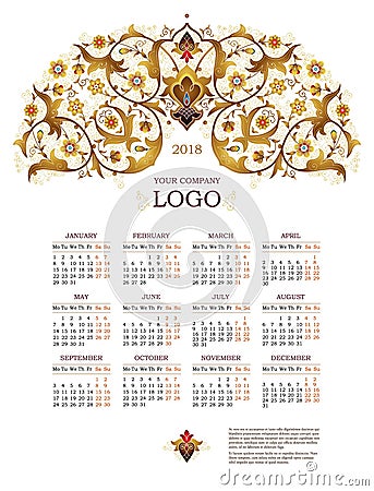 Ornate decorated calendar for 2018. Cartoon Illustration