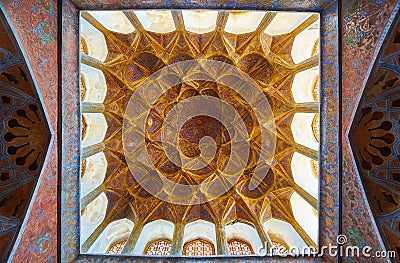 Ornate dome and walls in Music Hall, Ali Qapu palace, Isfahan, Iran Editorial Stock Photo