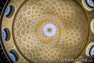 Ornate domed ceiling with intricate patterns in the Rotunda of City Hall, Dublin, Ireland Editorial Stock Photo