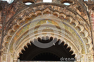 Ornate entrance gate of Durga temple, Rajnagar palatial complex ruins, Bihar, Stock Photo