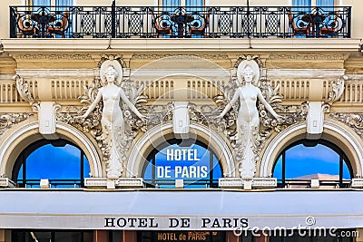 Ornate exterior of the famous Hotel de Paris in Monte Carlo Monaco, regularly listed on Conde Nast Traveler Gold List Editorial Stock Photo