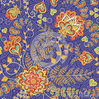 Ornate fantasy flowers seamless paisley pattern. Floral ornament on dark background for fabric, textile, cards, wrapping Vector Illustration