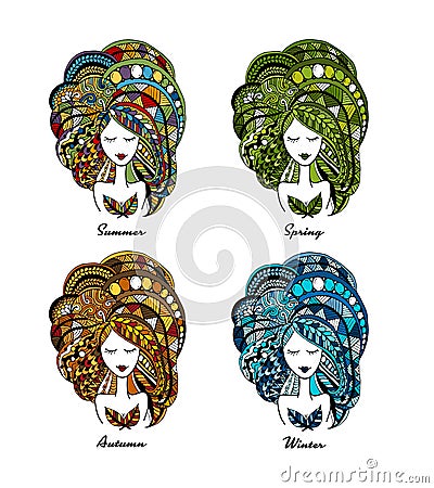 Ornate female portrait, four seasons concept Vector Illustration