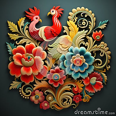 an ornate floral design with roosters and flowers Stock Photo