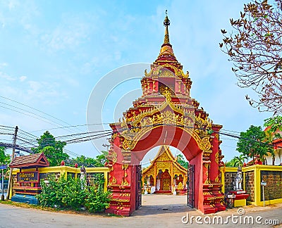 The ornate gate of Wat Sangkharam Temple Pratu Lee, Lamphun, Thailand Stock Photo